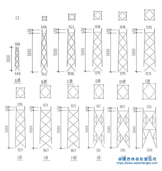 GFL工业四角形独立钢结构避雷针塔结构图
